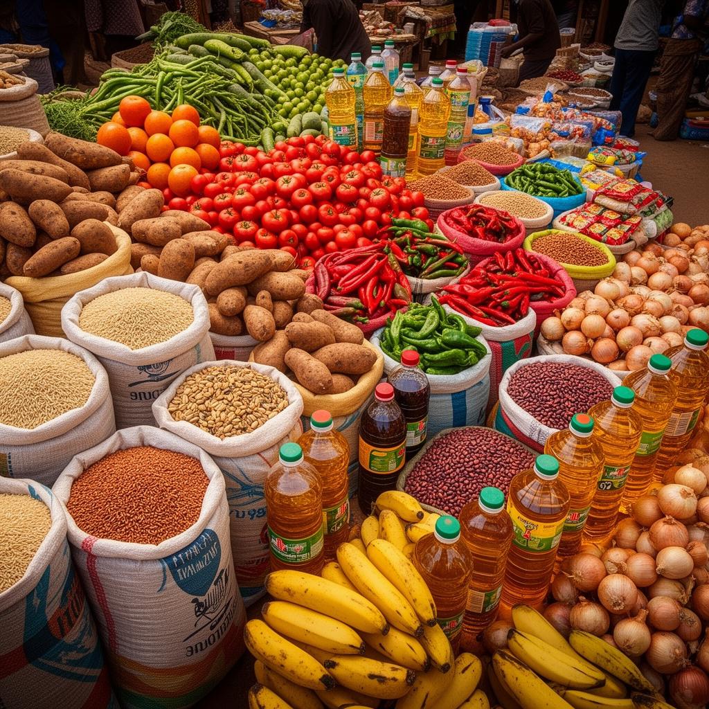 Abundant fresh produce and grocery staples β rice, tomatoes, peppers, plantains, yams and cooking oil at a Nigerian market